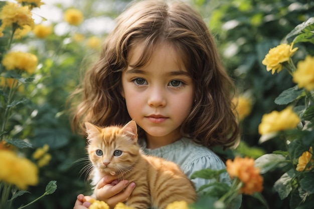 A photo of a beautiful girl with long hair who is holding a striped cat in her arms