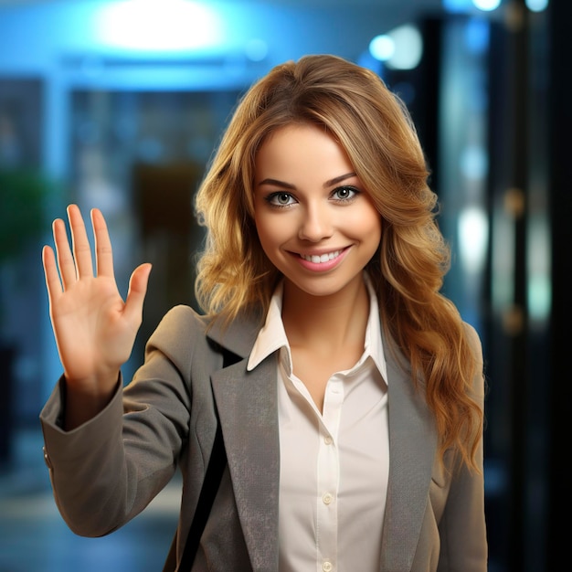 A photo of a beautiful girl with a welcoming gesture