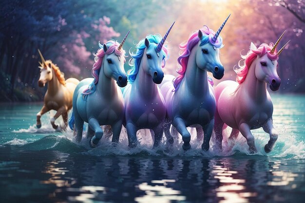 A photo of a beautiful group of Unicorn in water AI Generated