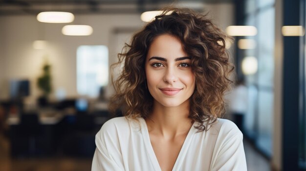 Photo of beautiful happy woman looking at camera while sitting at office AI generated