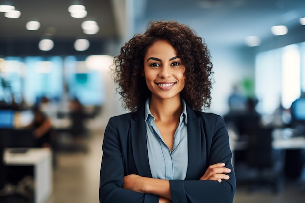 Photo of beautiful happy woman looking at camera while sitting at office