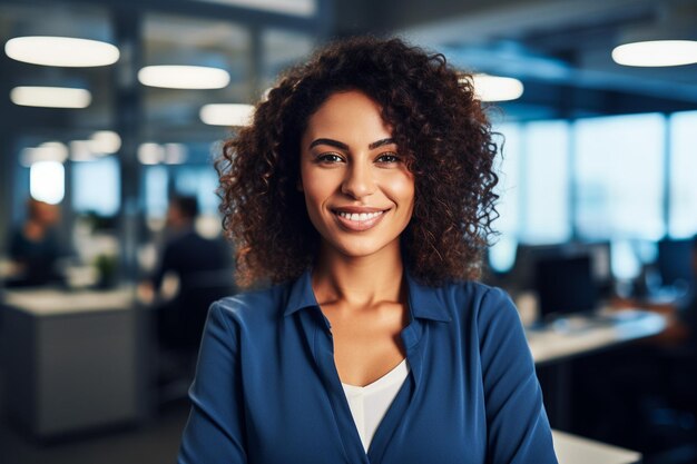 Photo of beautiful happy woman looking at camera while sitting at office