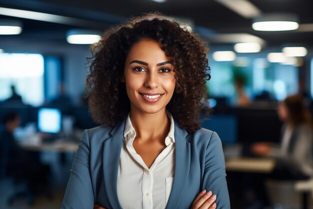 Photo of beautiful happy woman looking at camera while sitting at office