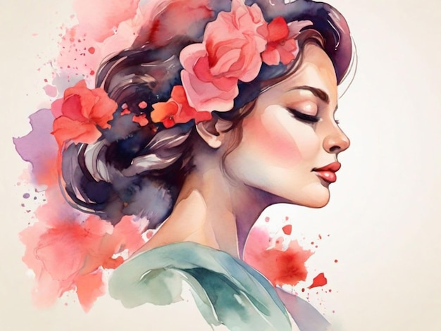 Photo beautiful happy woman portrait in watercolor painting
