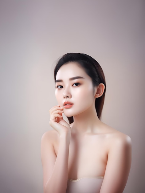 Фотография красивой и здоровой азиатки с белым чистым фоном