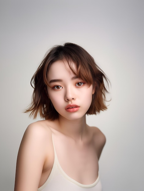 Photo of a beautiful and healthy Asian woman with a white clean background