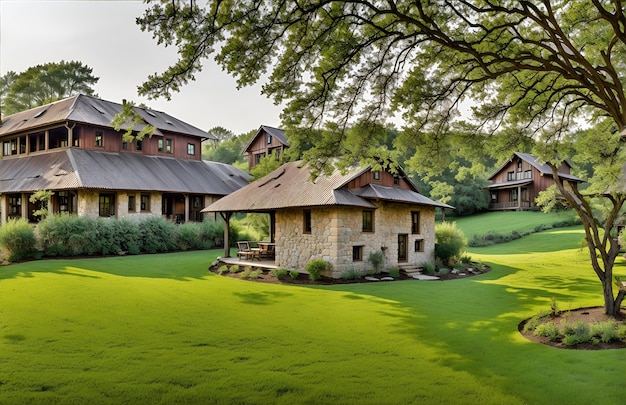 Photo of a beautiful house with a spacious lawn in the foreground