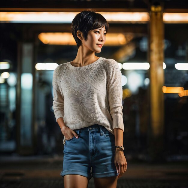 짧은 머리 생성 AI를 가진 아름다운 일본 아시아 여성의 사진