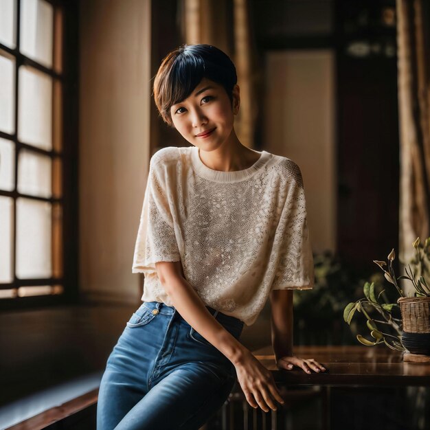 photo of beautiful japanese asian woman with short hair generative AI