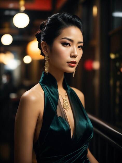 Photo of beautiful japanese women with slickedback hair in black velvet gown