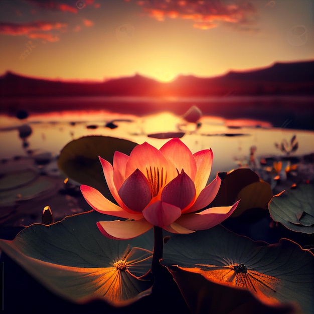 Photo beautiful lotus flower close up with sunset background Generate Ai