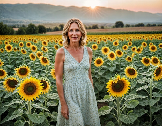 photo of beautiful middle aged woman in print dress outfit at sunflowers field generative AI