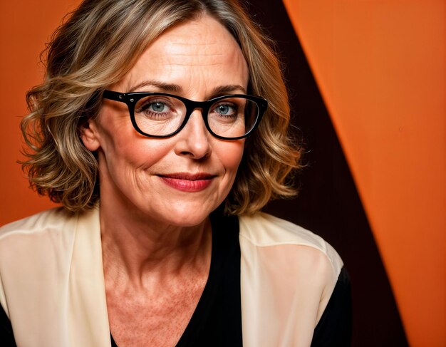 photo of beautiful middle aged woman with bold black frame glasses on orange background backdrop generative AI