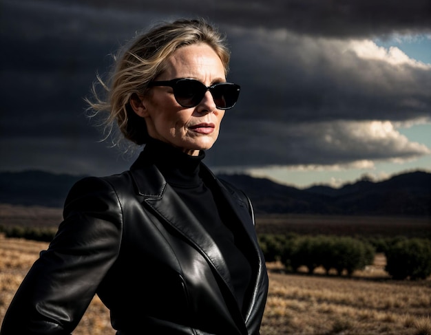 photo of beautiful middle aged woman with bold black sunglasses and gloves and black suit at farm field generative AI