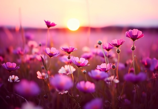 Photo of beautiful morning flower blooming flower lands with morning sun shine