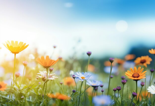 Photo photo of beautiful morning flower blooming flower lands with morning sun shine