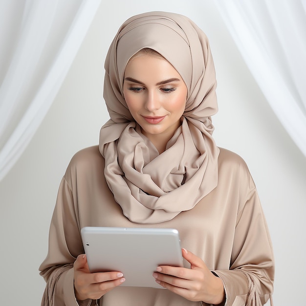 Photo of a beautiful Muslim woman wearing a hijab and smiling sweetly using a tablet