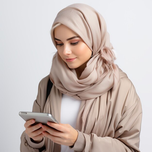 Photo of a beautiful Muslim woman wearing a hijab and smiling sweetly using a tablet