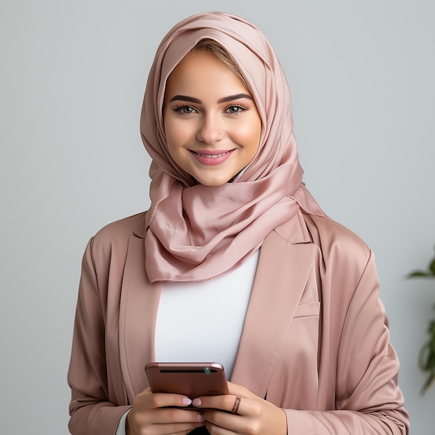 Photo of a beautiful Muslim woman wearing a hijab and smiling sweetly using a tablet