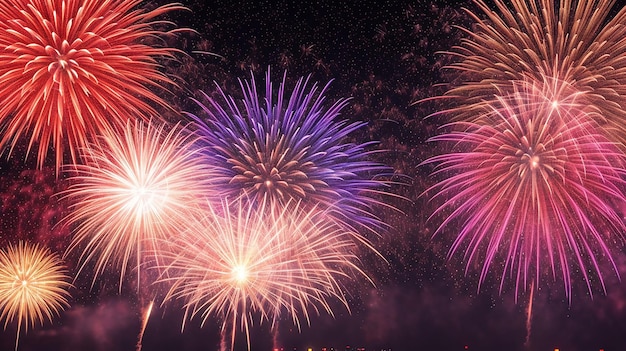 Photo of a beautiful new year's eve fireworks celebration with a blurred abstract background