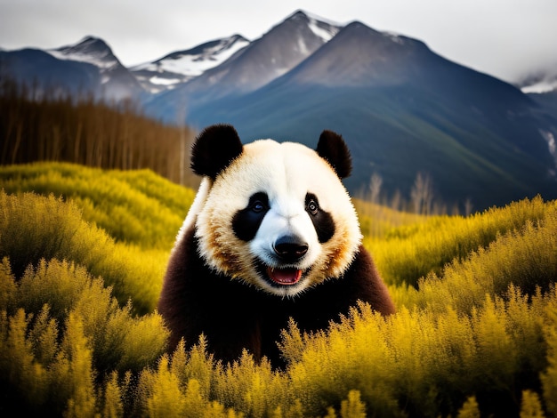 Photo a beautiful panda animal in a field of the jungle with a mountain background