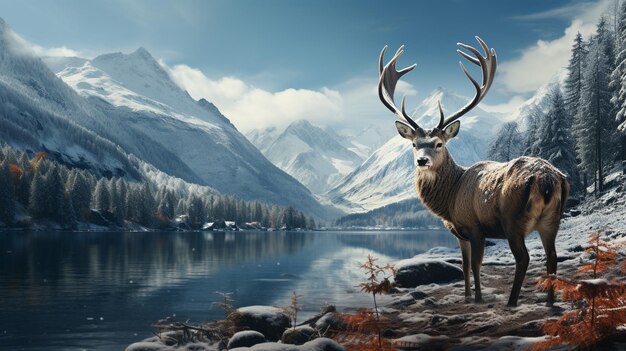 photo beautiful red deer stag during rutting season in autumn forest