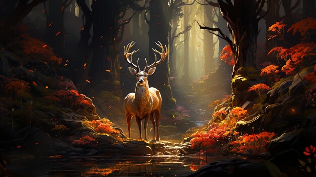 photo beautiful red deer stag during rutting season in autumn forest