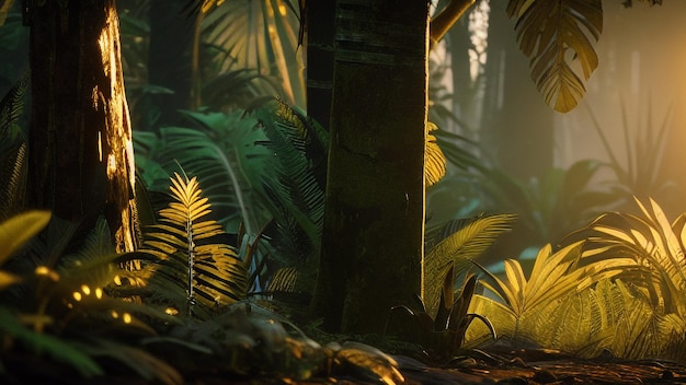 사진 식물로 둘러싸인 안개 속에서 열대 숲에 있는 키 큰 나무의 아름다운 샷