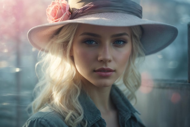 Photo of a beautiful sophisticated blonde woman wearing a pink hat
