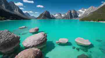 Photo photo of beautiful stones under turquoise lake and hills in the background generative ai