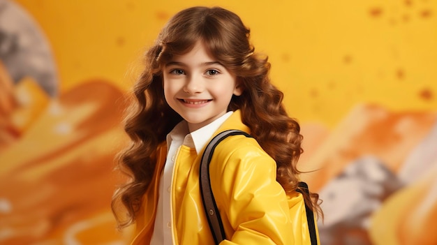 Photo of beautiful student returning to class with yellow background