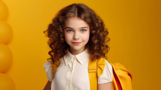 Фото красивой ученицы, возвращающейся в класс с желтым фоном
