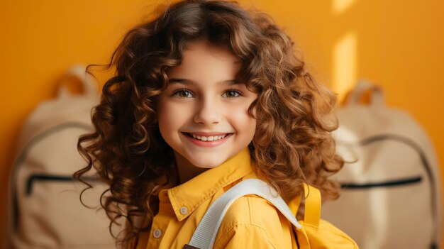 photo of beautiful student returning to class with yellow background