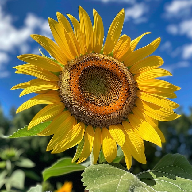 photo beautiful sunflower with green leaves