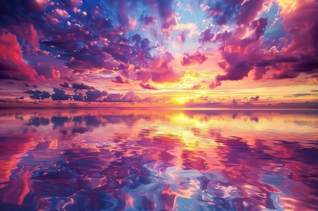 A photo of a beautiful sunset showing a sky and a sea It is glowing with colors and shades and reflecting on the water and the clouds