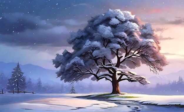 Фото красивое дерево в зимнем пейзаже в поздний вечер в снегопаде цифровая художественная иллюстрация