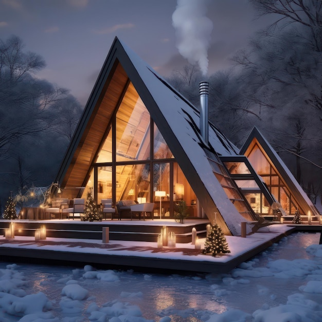 Foto foto di un bellissimo resort glamping a forma di casa triangolare nella foresta nevosa invernale