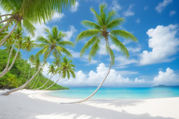 パラダイス島の美しい熱帯ビーチとココナッツのナツメヤシの海の写真