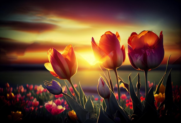 Photo beautiful tulip flowers in grass field with sunset background Generate Ai