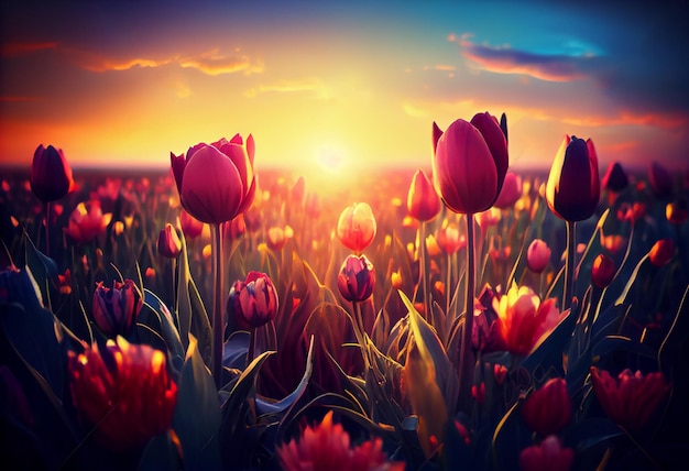 Фото красивые цветы тюльпана в поле травы на фоне заката Сгенерировать Ai