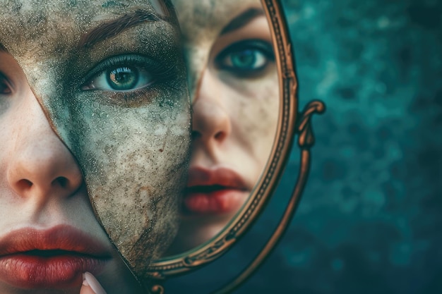 photo of a beautiful and ugly face with a mirror and a mask