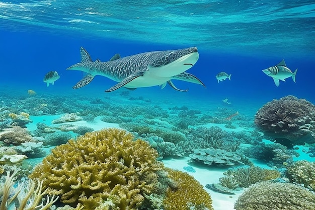 Фото красивый подводный панорамный вид с тропическими рыбами и коралловыми рифами