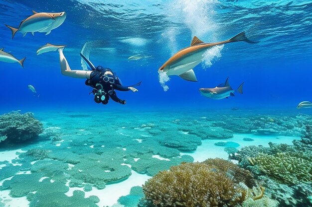 Photo beautiful underwater panoramic view with tropical fish and coral reefs