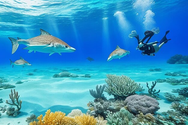 Photo beautiful underwater panoramic view with tropical fish and coral reefs