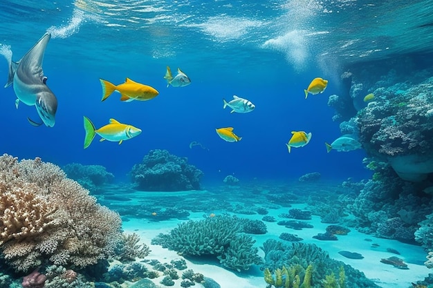 Photo beautiful underwater panoramic view with tropical fish and coral reefs