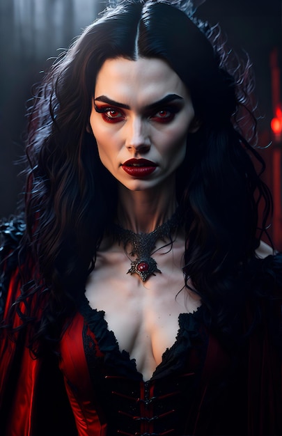 아름다운 여성의 송곳니를 보여주는 아름다운 뱀파이어 소녀의 사진은 매우 사실적입니다.