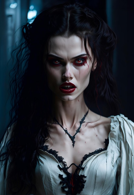 아름다운 여성의 송곳니를 보여주는 아름다운 뱀파이어 소녀의 사진은 매우 사실적입니다.