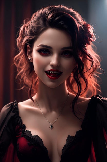 photo of a beautiful vampire girl showing the fangs full body of a beautiful woman ultra realistic