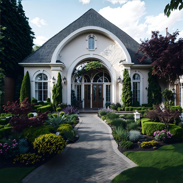 Photo of a beautiful white house surrounded by lush greenery