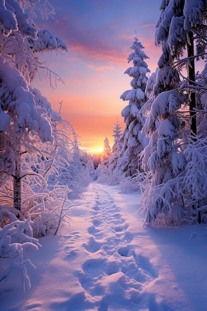 photo of a beautiful winter landscape sunset iwth snow